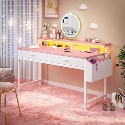 DurayLoly 47.3 Inch Office Computer Desk with LED Lights & 2 Fabric Drawers, Gaming Desk with Side Pocket & Ergonomic Monitor Stand, Small Space Study Writing Table with Anti-Tip Design,Pink - color: Pink, size: 47.3 Inch