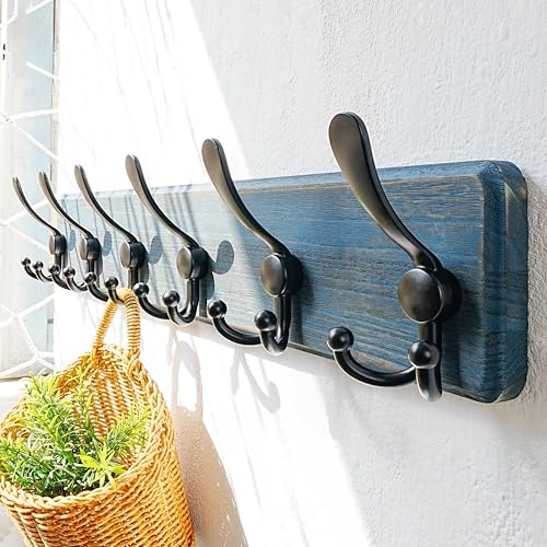 Dseap Coat Rack Wall Mounted - 24" Long 6 Tri Hooks, Heavy Duty Wooden Wall Coat Hanger Coat Hook for Clothes Hat Jacket Clothing, Weathered Blue and Black - color: Weathered Blue & Black, size: L=24"