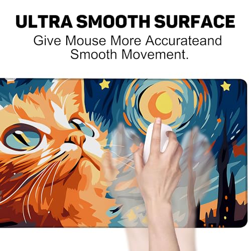 Orange Cat Under Starry Night Gaming Mouse Pad with Stitched Edges Non-Slip Rubber Base Mouse Pad for Office,Computer,Keyboard,Laptop and Home Desk,31.5 x 11.8 Inch - color: Orange Cat under Starry Night, size: 11.8*31.5inch