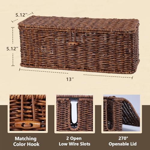 BROWNLILY Cable Management Box, Rattan Style Cord Organizer for Desk Cord Hider Outlet Covers for Power Strip TV PC Router Charger Under Desk Storage with Lockable Lid and Cable Ties - color: Brown, size: M