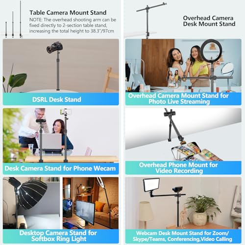 Camera Desk Mount Webcam Stand with Overhead Articulating Magic Boom Arm 1/4" Ball Head for DSLR Tripod, Adjustable Light Stand, Tabletop C Clamp for Ring Light Photo Video Shooting Live Streaming - size: 2DFPGYL