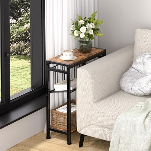 Small Side Table for Small Space, 3-Tier Narrow End Table with Magazine Holder,Slim Nightstand, Skinny Snack Couch Table in Living Room, Bedroom Study and Balcony (Rustic Brown &Black) - color: Rustic Brown
