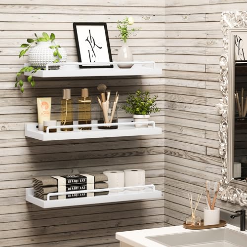 RYOFOBETTO Floating Shelves for Wall Decor, White Shelves for Bathroom, Living Room, Bedroom, Picture Frames, Plants, Kitchen (Set of 3) - color: White, size: 16"