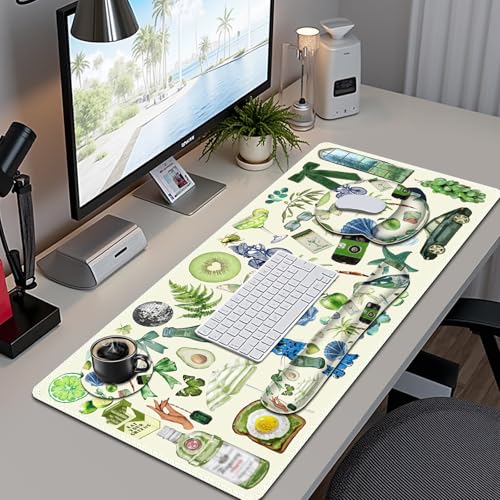 Mouse Pad, 4 in1 Large Desk Mat, Desk Pad Matt for Desktop, Anti-Slip XXL Big Computer Ergonomic Mousepad with Wrist Support for Keyboard and Mouse for Women I Green Theme Stickers - color: Green Theme Stickers