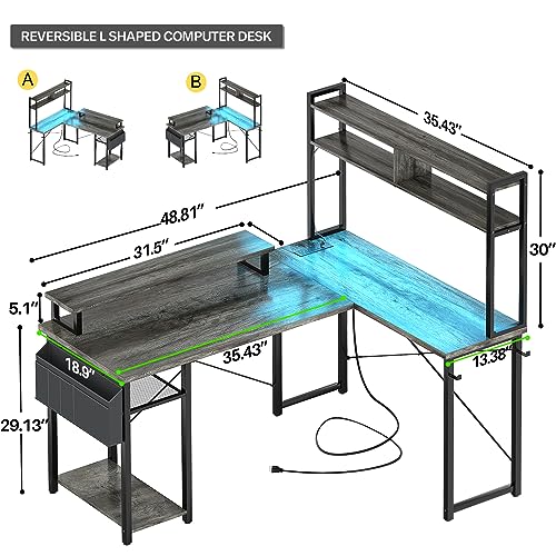 Aheaplus Small L Shaped Gaming Desk with LED Lights & Power Outlets, Reversible L-Shaped Computer Desk with Monitor Stand & Storage Shelf, Corner Desks Home Office Desk with Storage Bag, Grey Oak - color: Black Oak