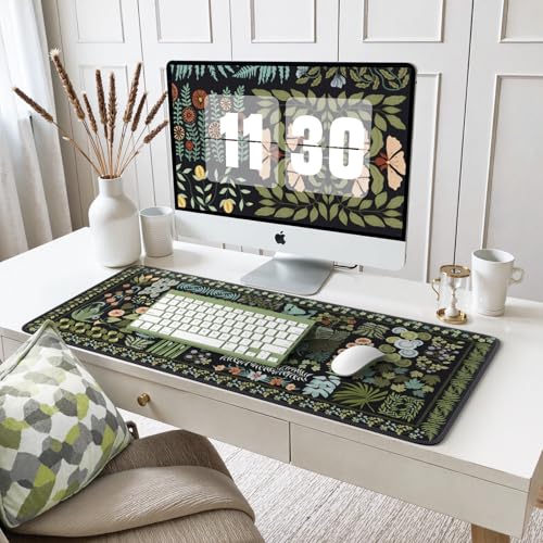 iCasso Floral Desk Pad Mat, Large Mouse Pad, Desk Matt for Desktop, Anti-Slip XXL Big Mousepad with Stitched Edges for Computer Keyboard (Black) - color: Black