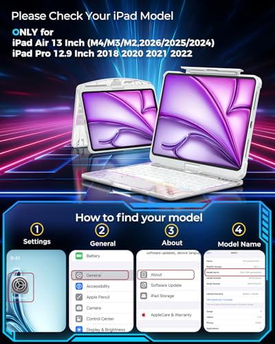 TSQQST Clear Wireless Keyboard Case for iPad Air 13 Inch (M4/M3/M2, 2026/2025/2024)/ iPad Pro 12.9" (6th/5th/4th/3rd Gen), 7-Color Backlit, Pencil Holder & Multi-Touch Trackpad, 360 Rotatable, White - color: Clear+White, size: Air13/Pro12.9