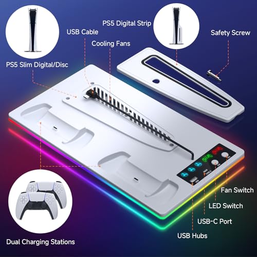 PS5 Cooling Station Stand RGB with Dual Controller Charging Station for PlayStation 5 Console, PS5 Accessories Incl. Controller Charger, Cooling Fan, Headset Holder, 3 USB Hub