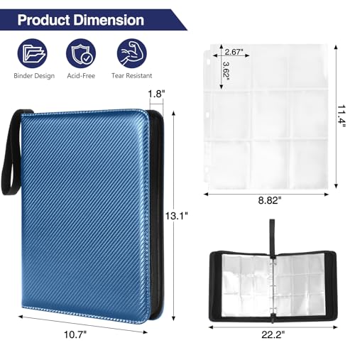 MAXECHO 9 Pocket Trading Card Binder, 1008 Pockets in 56 Removable Double-Sided Sleeves, PU Zip Card Collection Storage Organizer Album for Baseball, MTG, TCG, Sports. Blue - color: Blue