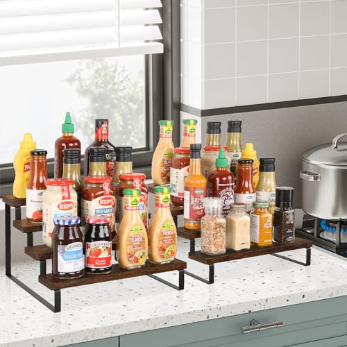YINMIT Wooden Display Riser Stand, Tiered Perfume and Cologne Organizer Stand, 4 Tier Spice Rack Organizer, Rustic Display Shelf for Candles (4 Tier, 2 Pack) - color: 4 Tier,2 Pack,Brown