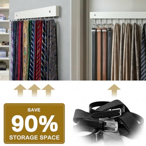 Wall Mounted Tie & Belt Rack Organizer - 2 Pack, 28 Hooks Hold 40 Ties & 40 Belts, 180° Rotating Space Saving Design, Sturdy Wood Decorative Wall Storage (White) - color: White