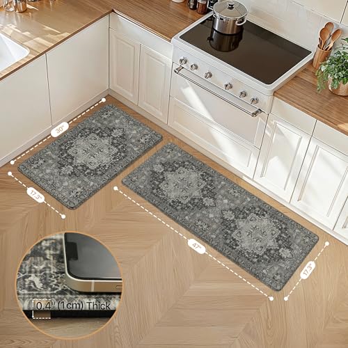 GENIMO Kitchen Mats for Floor 2PCs, Washable Anti Fatigue Mat for Cushioned, 17.3"x47"+17.3"x30", Waterproof Kitchen Rugs, Non Slip Comfort Standing Mat Rug for Home, Sink, Laundry, Dark Gray - color: Dark Gray, size: 17.3"x47"+17.3"x30"--0.4 inches