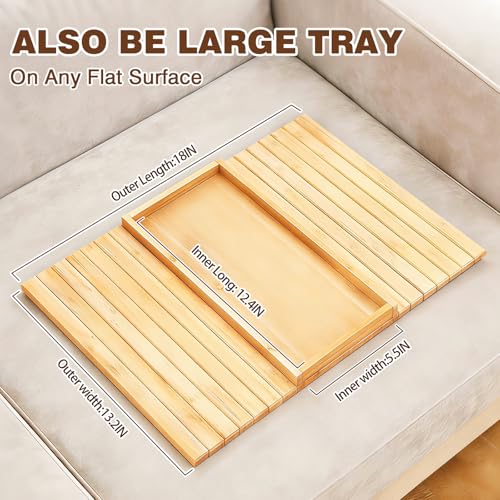 Folding Sofa Armrest Tray Table, Couch Armrest Table with Storage Box, for Couch & Chair - 12.4"x5.5" Natural Bamboo, Non-Slip Felt Bottom, for Drinks, Snacks, Phone, Remote on Couches & Chairs