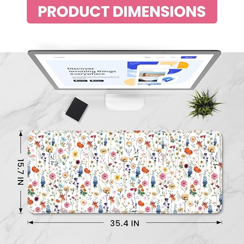 Large Mouse Pad for Desktop, Cute Desk Mat Pad Protector for Work & Gaming, Aesthetic Pretty Anti-Slip Laptop Blotter Cover for Office School Home Supplies, Wildflowers, 35.4" x 15.7" - color: A-Wildflowers, size: 35.4L x 15.7W inches