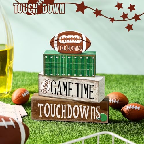 Yuntau 4 Pcs Fall Football Table Decorations Football Tiered Tray Decor Autumn Wooden Blocks Sign Game Time Touchdowns Centerpiece Decorative Faux Book Stack for Coffee Table Fireplace Mantel Shelf - style: Football