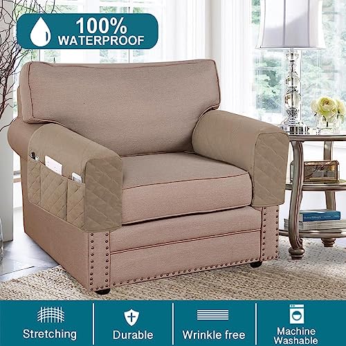 Turquoize 2 Pack Waterproof Armrest Covers for Chairs and Sofas Couch Arm Covers for Sofa Armrest Covers with Side Pocket Anti-Slip Furniture Protector Washable Armrest Slipcovers Set of 2, Khaki - color: Single Diamond- Khaki