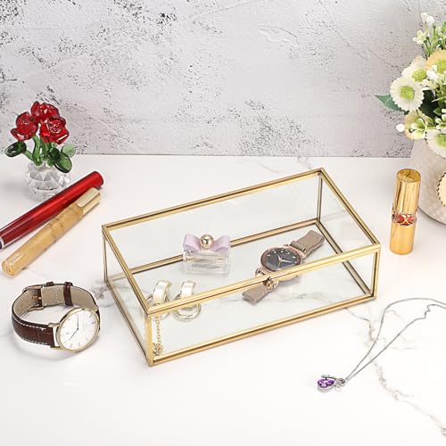Hipiwe Vintage Glass Keepsake Box, Rectangle Jewelry Display Organizer, Lidded Box for Home Decor, Storage of Trinkets, Rings, Bracelets - color: Gold, size: Large
