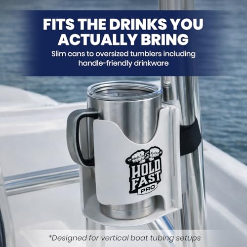 HoldFastPro Boat Cup Holder, Adjustable Universal Boat Cup Caddy for Rails & Grab Bars, Marine Drink Holder for Center Console, & T-Top Mounting, White - color: White
