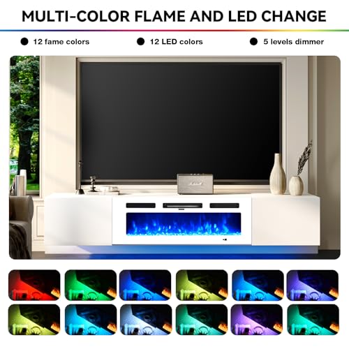 80'' Floating TV Stand with 40" Electric Fireplace, Wall Mounted Entertainment Center with Storage for TVs up to 90", Adjustable 12-Color LED Lights Media TV Console for Living Room - color: All White, size: 80 IN