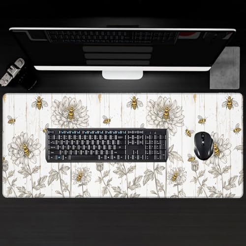 Bee Large Gaming Desk Mat,Rubber Non-Slip Bumble Floral Mouse Pad,31.5x11.8x0.12in Extended Multiple Colors Cute Sketch Bees Mousepad,Game Lover Mice Pads Gifts,Office Home Deskmat Decor - color: Bee