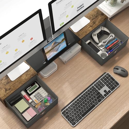 WESTREE Dual Monitor Stand Riser with Two Drawers, Extra Large Storage Monitor Stand for 2 Monitors, Desktop Organizer Stand Storage for Computer,Laptop,Screen,Printer,TV - color: Rustic Brown