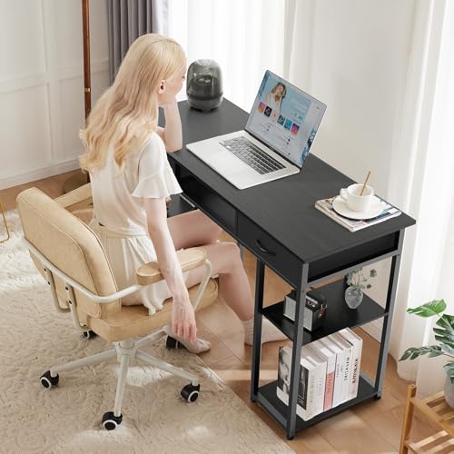 DUMOS 48" Small Computer Home Office Desk for Bedroom with Drawers, Gaming Writing Study Table with Storage Shelf, Adjustable Feet, Compact Desk for Gaming and Home Office Use, Metal Frame Black - color: Black, size: 48-In