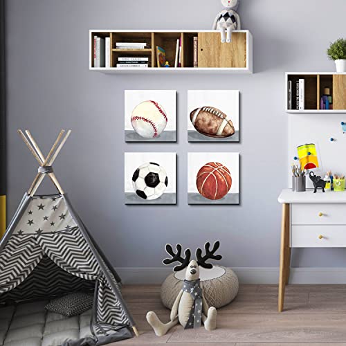 Boys Room Wall Decor Sports Decor for Boys Bedroom Rustic Soccer Football Baseball Basketball Canvas Pictures Kids Wall Art Vintage Ball Painting Nursery Playroom Artwork Home Decorations 12x12" 4 Pcs - color: Ball Sports, size: 12x12in