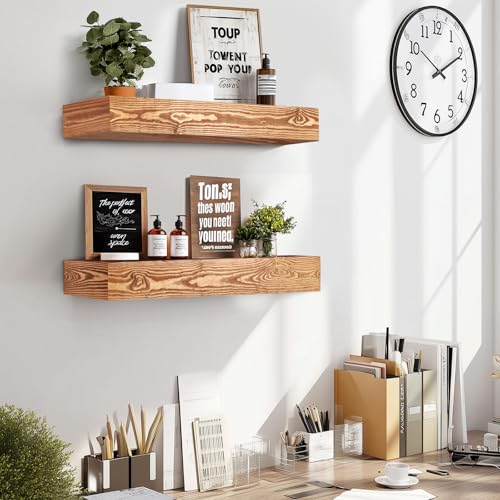 24x3x7 inch Floating Shelves Wall Mounted - Set of 2 Wood Rustic Solid Wood Wall Shelf - Heavy Duty Decorative Fireplace Mantel for Living Room, Bedroom, Bathroom, Kitchen - color: Wood, size: 24x3x7-hollow-2pack