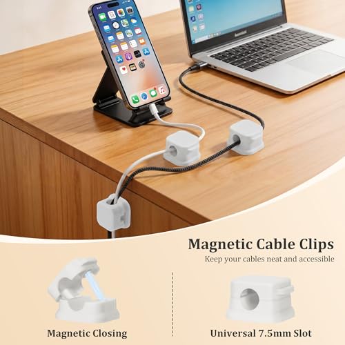 Mayski 12 Pack Magnetic Cable Clips, One-Hand Operation, Adhesive Cord Holder with Replacement Pads, 7.5mm Slot, for Home Office Desk, Car, Wall