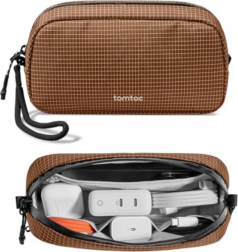 tomtoc Electronics Organizer Travel Case Performance, Water Resistant Bag Cable Tech Pouch Accessories, Carry Storage for Cord, Phone, Cables, Airpods, USB Flash Drive, Daily Items - color: Brown Plaid, size: Small