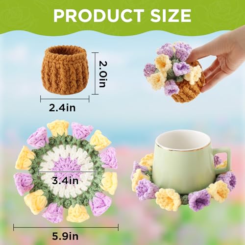 Flower Crochet Coasters, Handmade Bouquet Blanket Coaster with Crochet Plant Pot Fun Soft Decorative Drink Coasters for Coffee Tabletop Protection and Home Decor (Purple and Yellow, 1Pc) - color: Purple and Yellow, size: 1Pc
