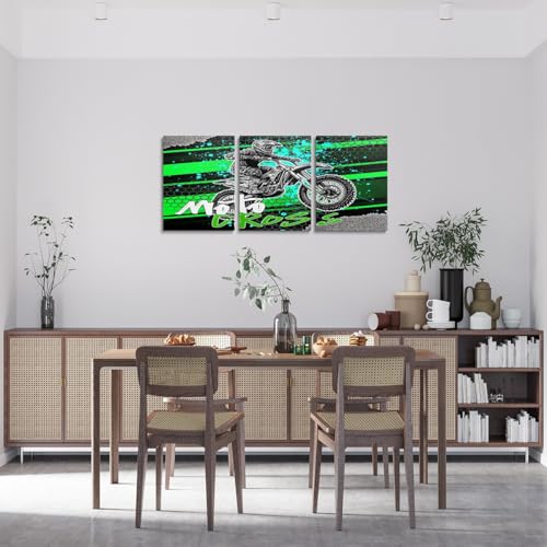 Feelyou Kids Boys Dirt Bike Bedroom Framed Wall Art Green Extreme Sports Theme Motorcycle Painting Framed Canvas Kitchen Wall Art Motocross Rider Office Bathroom Wall Art House Decor,3 Piece - color: Black and Deep Green