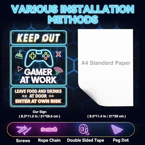 Keep Out Gamer at Work Sign - Cool Waterproof and Rust-proof Plastic Neon Gaming Posters Signs For Bedroom Door Wall Decor - Gift For Boy, Girl, Boyfriend 11" * 8" Inch - color: Keep out Gamer at Work 009