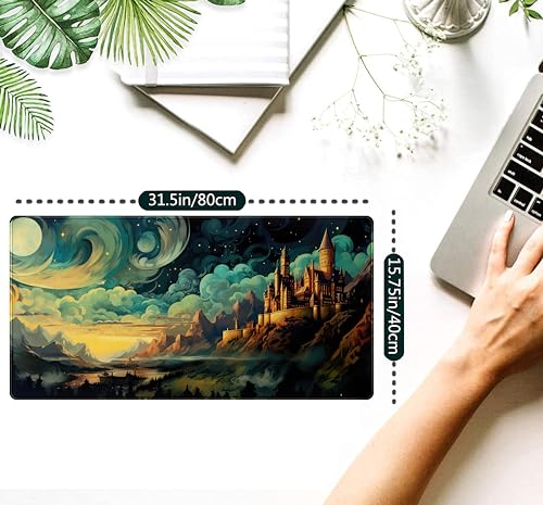 Cool Aesthetic Castle Mouse Pad Desk Pad Cute Cloudy and Starry Desk Mat, Office Desk Decor Anime Mousepad Laptop Keyboard and Mouse Mat, XXL Large Extended Gaming Deskmat for Girl 31.5x15.75 in - color: Colorful Castles