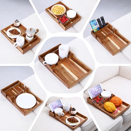 Nnewvante Couch Tray Insert with Cup Holder,2-in-1 Insert & Flat Sofa Organizer Acacia Wood with 2 Cup Holders,Fits Middle Couch or Ottomans,for Snacks, Drinks, Remotes,15.35x9.84-inch - color: Acacia Wood