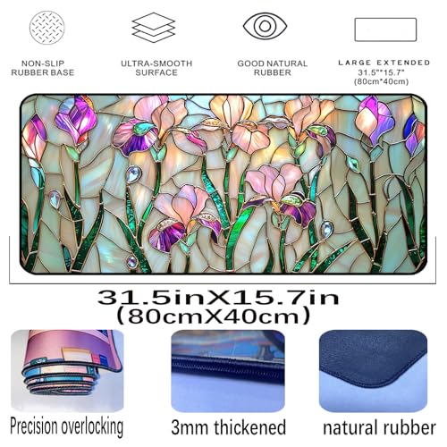 Colorful Flower Desk Mat Mouse Pad XXL, Plant Extended Large Game Mouse Pads, Desktop Mat Computer Laptop Keyboard Mat, Women's Desk Protector Mat,Desk Matt Office 31.5"X15.7" - color: Iris Flower