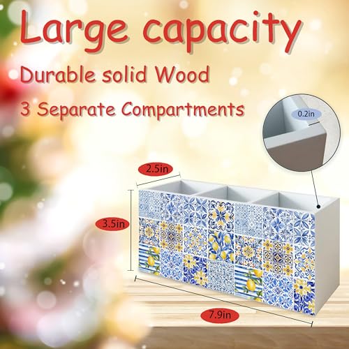 Mediterranean Italy Lemon Pen Pencil Kitchen Cooking Brush Makeup Utensil Holder Organizer for Desk, Mediterranean Lemon Decor, Blue and White Wooden Box Sign for Home Office Tabletop Decor - color: Italy
