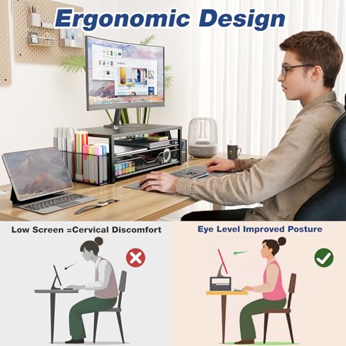 OPNICE Desk Organizer and Accessories, 2-Tier Computer Monitor Stand Riser with Drawer and 2 Pen Holders, Laptop Stand, Office Desk Accessories for Office Supplies, Black 2-Pack - color: Black 2-Pack, size: Single