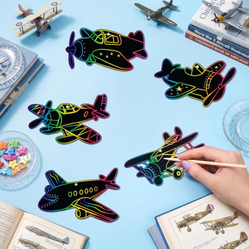 LUUFILx 80 Pcs Airplane Scratch Cards Birthday Party Decorations Colorful Rainbow Scratch Paper Art with Wooden Stylus for Birthday Party Classroom DIY Activities - style: Airplane