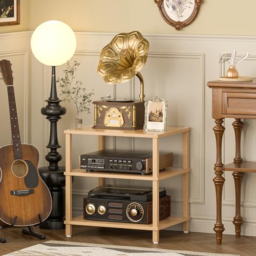 LELELINKY 3-Tier AV Media Player Stand, Natural Stereo Cabinet, Modern Audio Shelf, Wooden TV Stand,Game Console Shelf, Multifunctional Entertainment Center, Suitable for Home, Conference Room - color: Natural, size: 3 Tier