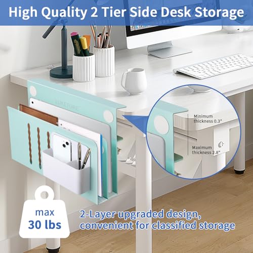 LUKETURE Desk Side Storage, 2 Tie Laptop Holder No Drill Clamp On Organizer | Steel Side Desk Organizer, Clamp on Laptop Mount with Pen Holder, Hanging Storage for Home Office, Fits 0.3" to 2.8" - color: Blue, size: L(2 Tier)