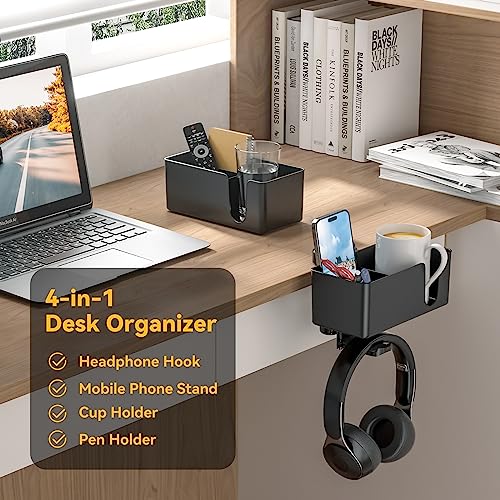 KDD 4 in 1 Desk Cup Holder - Clamp on Under Desk Headphone Hanger - Rotating Headphone Holder Detachable Pen Cup Holder Desktop Storage for Cup, Phone and Pen(Black) - color: Black