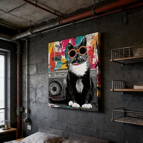 Canvas Wall Art Framed Funny Black Cat Graffiti Retro 80s Hip Hop Vibrant Colorful Cool Whimsical Textured Animal Vintage Wall Decor for Teen Boy Bedroom Dorm Trendy Groovy Music Decor 12x16 Inches - color: kitten, size: 16"L x 12"W