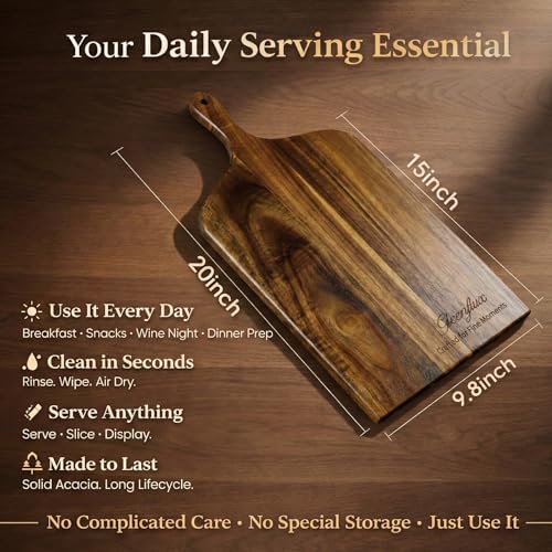 Charcuterie Board & Serving Tray with Handle, Large Acacia Wooden Cutting Board and Cheese Board Set for Serving, Appetizers, Entertaining & Housewarming Gift - size: 20 inch