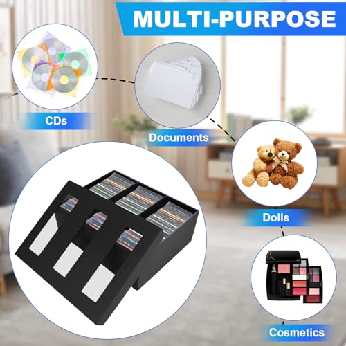 AOBOPLE CD Storage Boxes,5 Pack Stackable CD Organizer Box with Lid,3-Compartment CD Case Holder with Clear Window,Totol Holds 450 Jewel Cases,16.22 x 12.48 x 5.91 inches Cardboard Media Storage - style: 5 Pack 3 Compartment