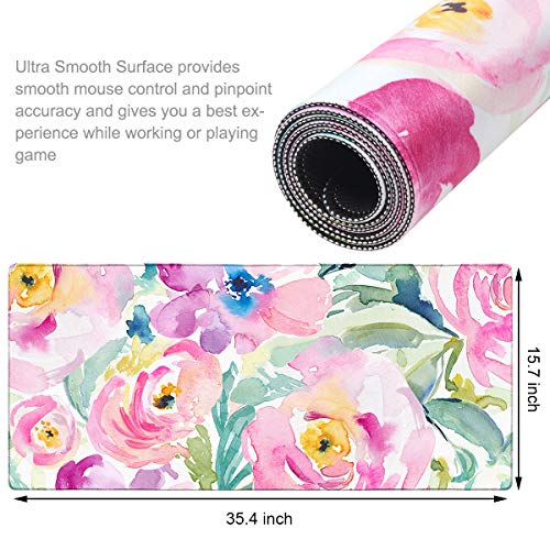 HAOCOO Floral Extended Desk Pad, Large Mouse Mat With Edge Stitching, 2 MM Thick Waterproof Computer Keyboard Mat, Non-Slip Rubber Base for Office - color: Colorful Floral Pink