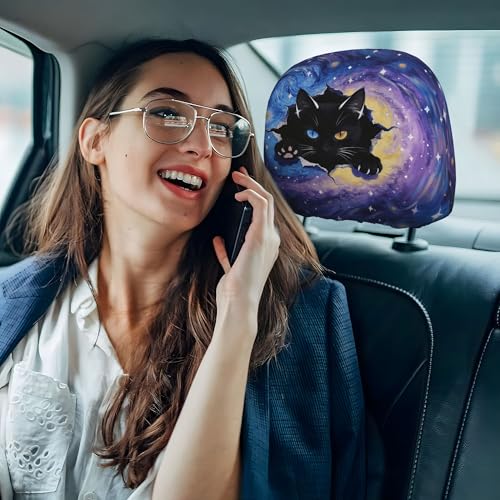 Purple Sky Headrest Covers for Car Universal Head Rest Cover 2 Pack Cool Cat Print Auto Accessories Decor - color: Purple Sky Cat