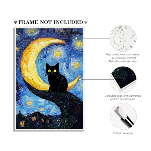 Funny Black Cat Wall Art Trendy Tree and Moon Oil Paintings Animal Poster Abstract Cat Floral Prints Posters Wall Decor Aesthetic for Farmhouse Gallery Bedroom 8x12inch Unframed - color: Antique cat - Unframed, size: 8"L x 12"W