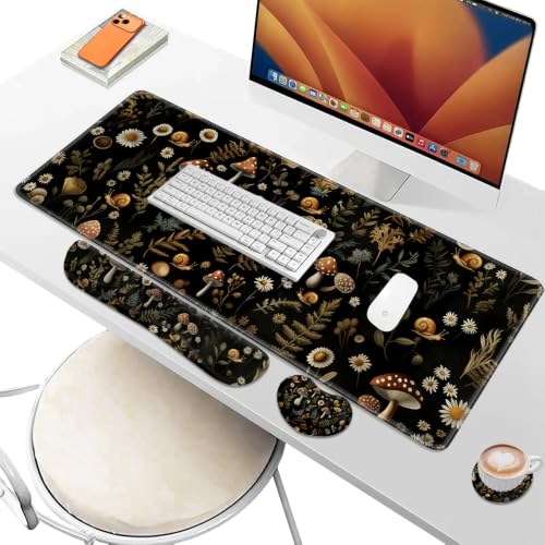 Desk Pad and Keyboard Wrist Rest, Large Mouse Pad + Keyboard Pad+Mouse Wrist Support, Non-Slip Desk Mat Protector for Office, Home 31.5×11.8 Inches Mushroom - color: Mushroom
