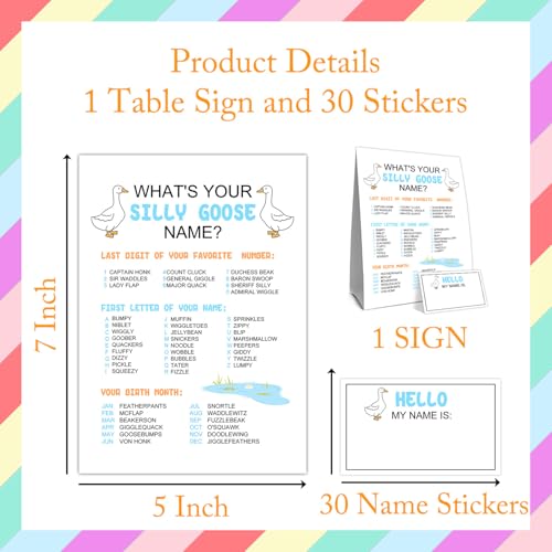 What's Your Silly Goose Name Game, What's Your Silly Goose Name Game Card, Gooses Names Games Sign 30 Sticker Cards, Gooses Baby Shower, Birthday Party Activities Decorations Names Card for Boys Girls - style: Sillygoose